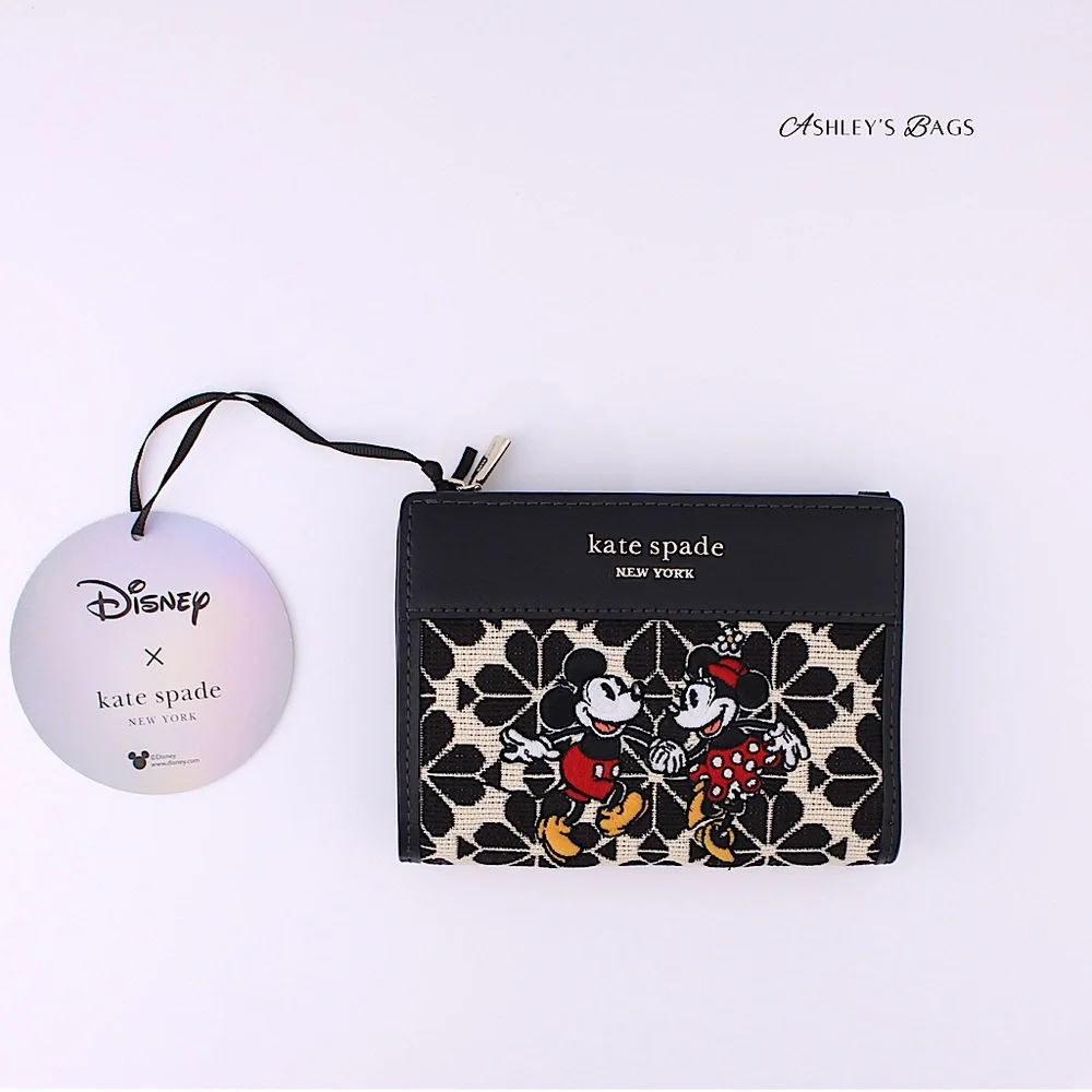 Kate Spade x Disney Minnie Mickey Spade Flower Jacquard Compact Bifold Wallet